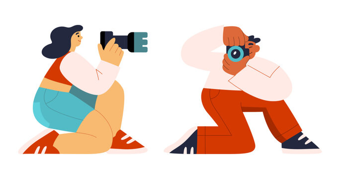 Male and female photographers sit in funny positions and take pictures with cameras. World photography day. Flat hand drawn cartoon vector illustration