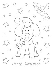 cute design of a christmas coloring page for kids with a dog with a winter scarf, falling snow and stars. You can print it on a 8.5x11 inch page