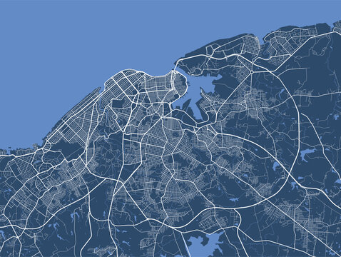 Detailed vector map poster of Havana city, linear print map. Blue skyline urban panorama.