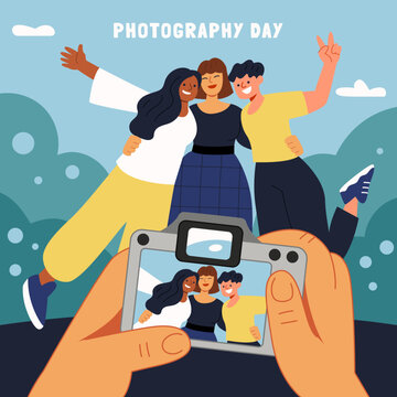 Photographer takes picture of three friends. Hands, camera screen, cheerful girls posing. World photography day. Flat hand drawn cartoon vector illustration