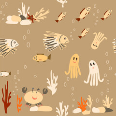 multicolored marine life on the rocks seamless pattern without background