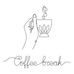 Single one line drawing of hand holding a mug with inscription Coffee break. Hot beverage with steam. Template for print, card, menu, logo, poster, invitation. Sketch, line art. Minimalist style
