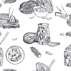 Kimchi. Korean cuisine. Vector pattern - obrazy, fototapety, plakaty