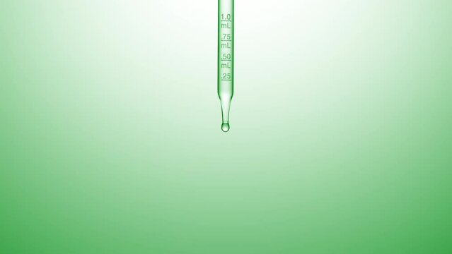 Macro shot of clear fluid is dripped from graduated chemical dropper on green background | Abstract skin care serum ingredients mixing concept