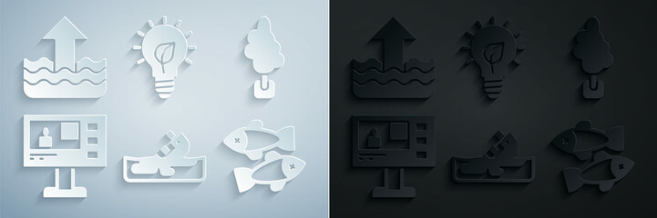 Set Wrecked oil tanker ship, Tree, Television report, Dead fish, Light bulb with leaf and Rise in water level icon. Vector