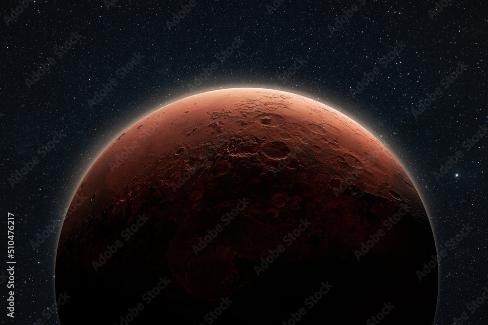 Poster Amazing red planet Mars in deep stellar space. Journey to Mars Concept