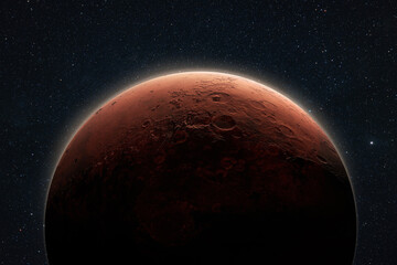 Amazing red planet Mars in deep stellar space. Journey to Mars Concept - obrazy, fototapety, plakaty