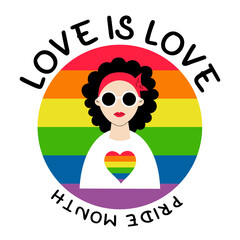 LGBT Pride Month. love is love. Beautiful lesbian girl on round LGBT pride flag in Rainbow colors. LGBTQ Symbol. Human rights and tolerance. Vector illustration. Groovy celebration.