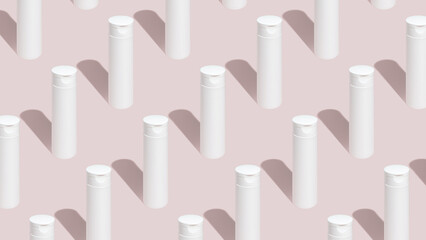 Blank white cosmetic tubes for toner on pink background. Mock up. Pattern.