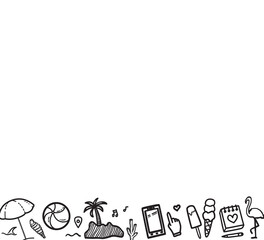 Hand drawn holiday elements on isolated background. Sketchy doodles on white. Summer holidays. Signs and symbols. Black and white illustration