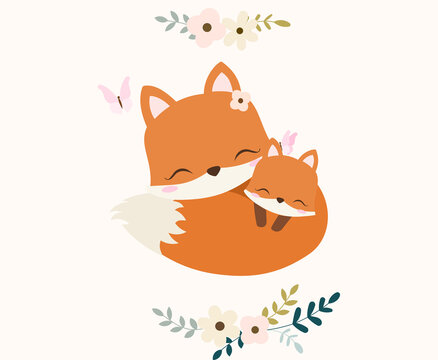 Sweet mama fox and baby with cute flower decoration illustration