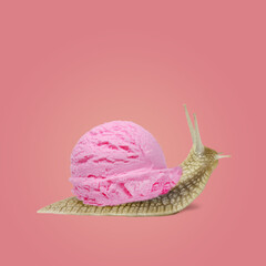 Snail carries ice cream on a pink background, summer concept 