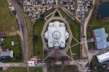 aerial top view of the church in small town in lithuania