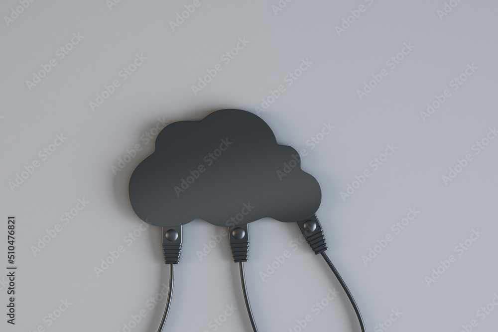 Poster Cloud technology and data storage concept with black cloud and ethernet cables falling from it on abstract grey surface background. 3D rendering