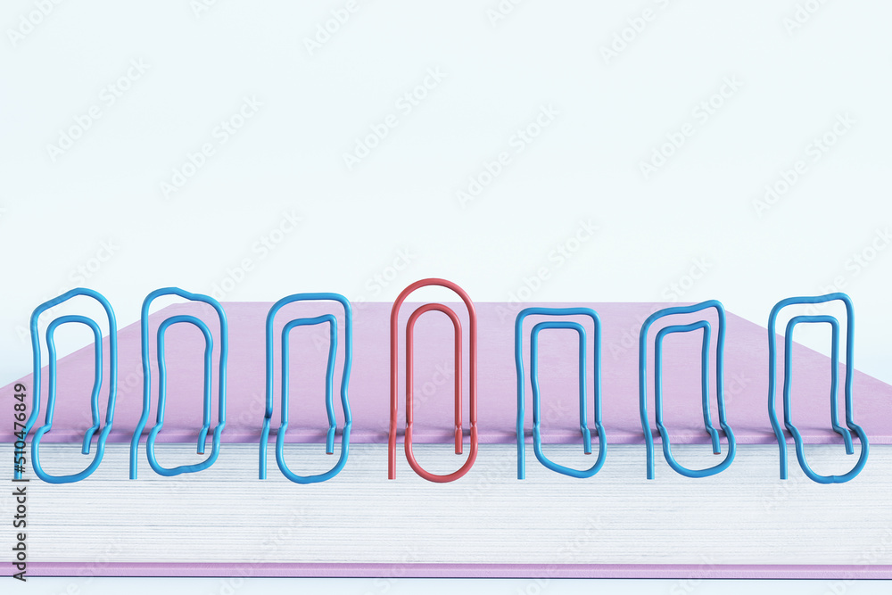 Poster abstract background with book, clips, and white mock up place. education and supplies concept. 3d re
