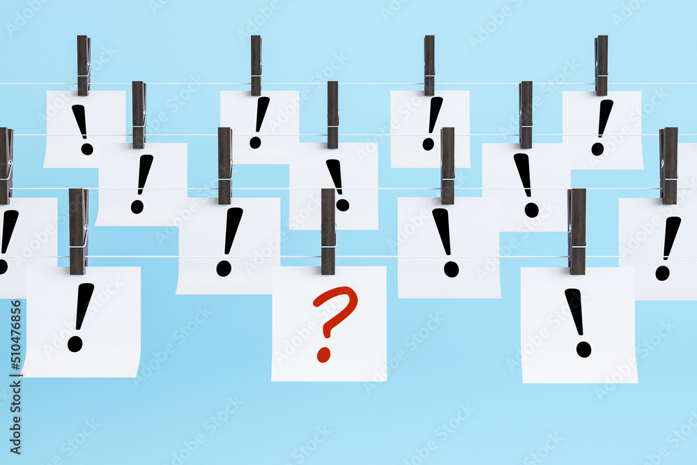 Poster Abstract white papers with question and exclamation marks hanging on ropes. Solution and answer concept. 3D Rendering.