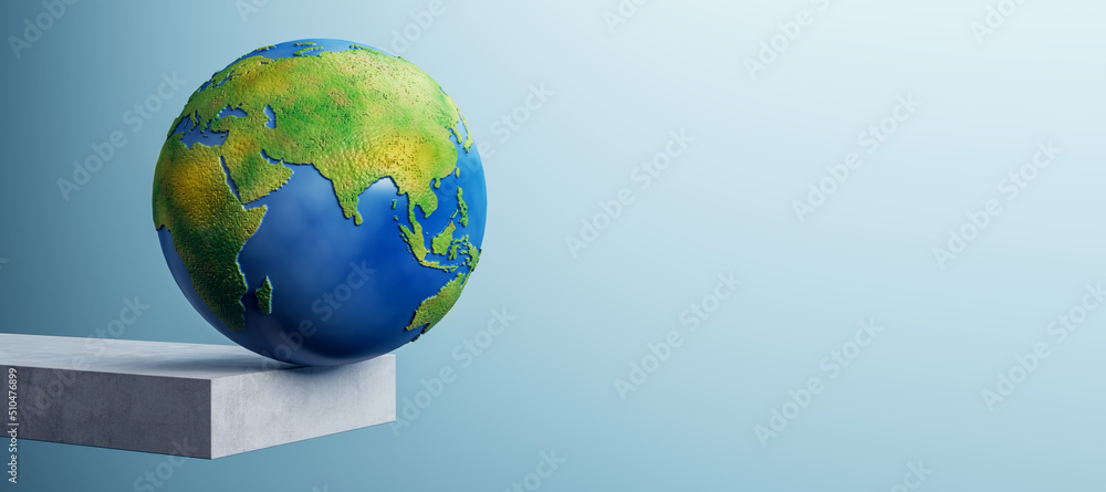 Poster Abstract image of globe on edge of concrete block trampoline and mock up place on wide blue background. 3D Rendering.