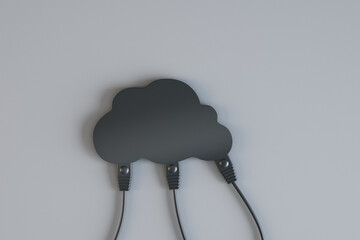 Cloud technology and data storage concept with black cloud and ethernet cables falling from it on abstract grey surface background. 3D rendering