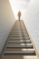 Back view of young businnessman climbing stairs to heaven and success. CEO and growth concept.