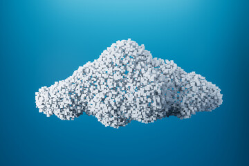 Wireless connection and cloud storage concept with 3D white cloud made up of pixels figures on...
