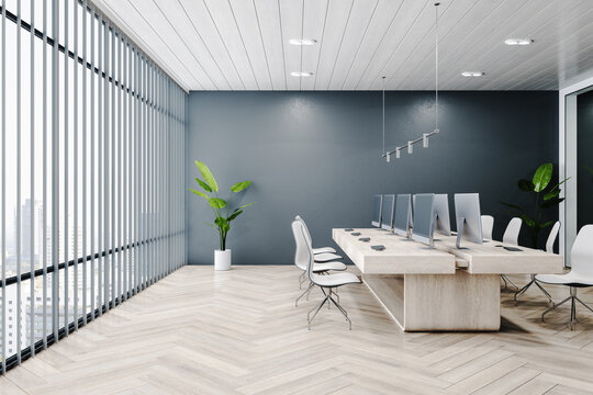 Bright concrete and wooden conference room interior with furniture and equipment. 3D Rendering.