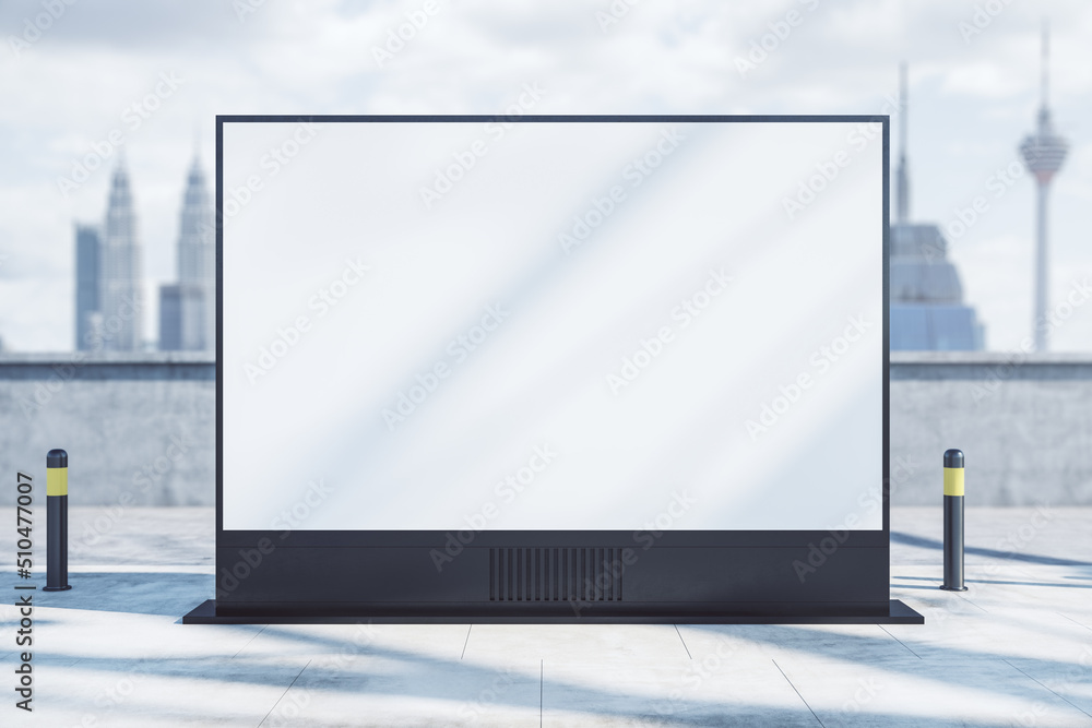 Poster empty white rectangular poster on light city background. mock up. retail and commercial concept. 3d 