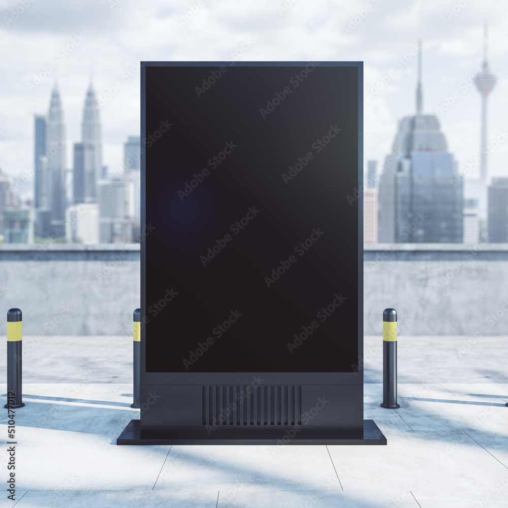 Poster empty long rectangular billboard on light city background. mock up. retail and commercial concept. 3