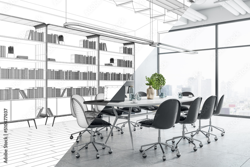 Poster design project development with wireframe of modern conference room with city view from panoramic wi