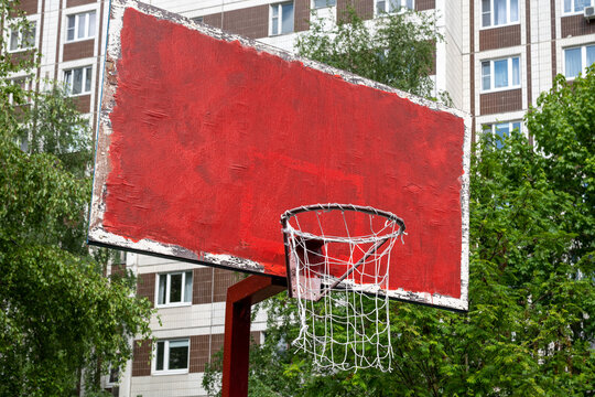 Basketball ring in city courtyard in Moscow, Russia