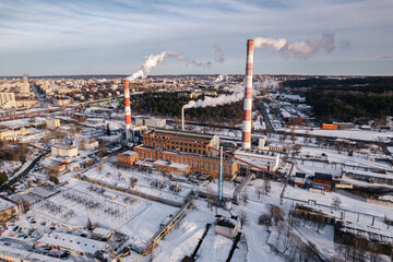 aerial view of the industrial heating infrastructure view in vilnius city in winter, lithuania