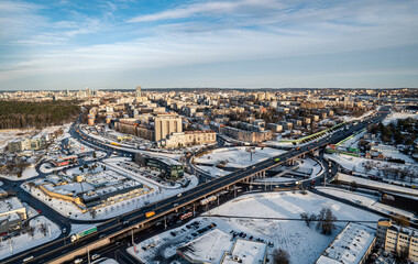 aerial view of a vilnius city panorama in winter with round about