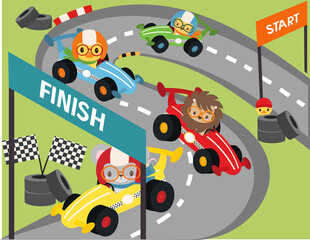 Animal racing game. Duck, tiger, lion and mouse are racing on the race track in their racecars to finish first