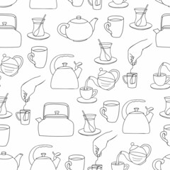 Seamless pattern design with doodle tea illustrations. Seamless pattern with hand drawn tea illustrations. Tea concept seamless pattern design