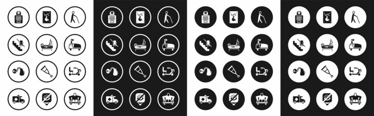 Set Blind human holding stick, Patient with broken leg, Disabled elevator, Intercom, Hospital bed, Separated toilet for disabled, Electric wheelchair and Hearing aid icon. Vector