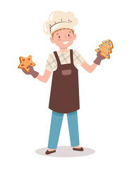 Little cook. The child is holding gingerbread. Cartoon boy in a chef's hat and apron bakes Christmas cookies. Vector illustration in flat style isolated on white background.