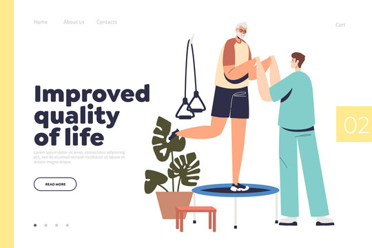 Improved Quality Of Life Concept Of Landing Page With Patient Exercising At Rehabilitation Therapy