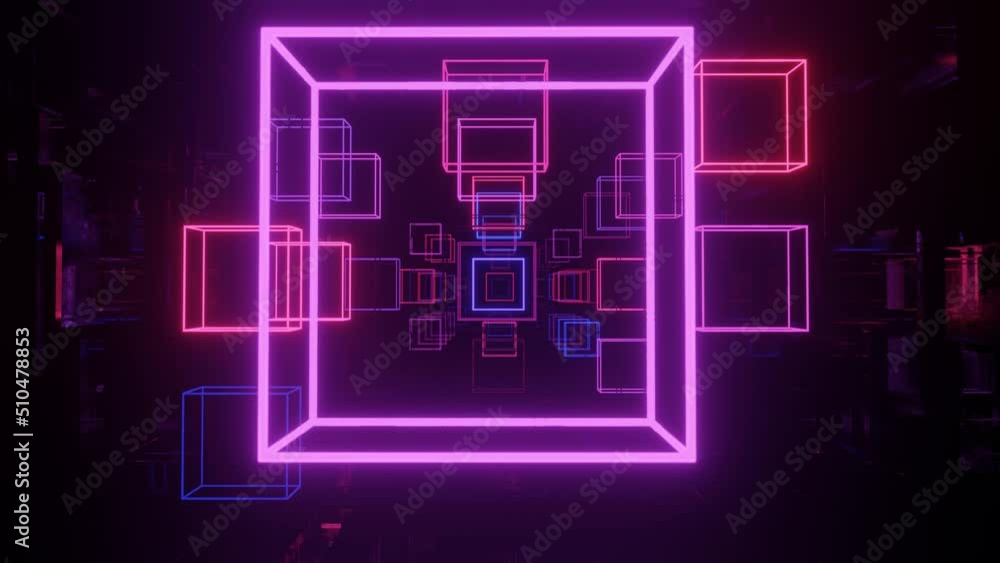 Poster neon flash light structures. hi-tech neon sci-fi tunel. trendy neon glow lines form pattern and cons
