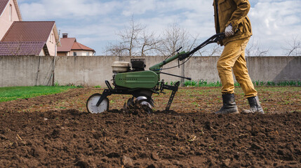 Farmer cultivates the ground soil in the garden using a motor cultivator or tiller tractor. Modern...