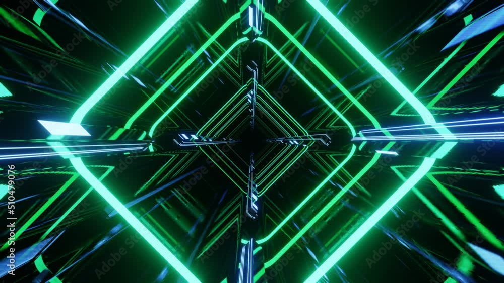 Poster abstract neon tunnel. hi-tech neon sci-fi tunel. trendy neon glow lines form pattern and constructio