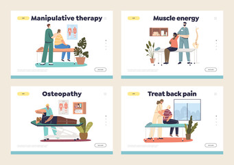 Osteopath manual therapist doctor massaging patients concept of template landing pages set