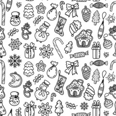 Set of creative black and white vector illustrations with various thematic Christmas icons forming abstract pattern