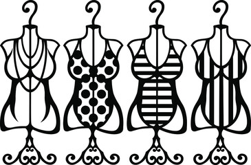 Stylized retro set dress mannequin. Tattoo, intricate design and decor element, line art style. Highly detailed and accurate lines for print or engraving