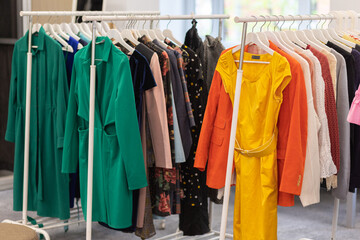 Swap home party - clothes, shoes, bags, jewellery exchange between friends. Zero waste shopping, eco friendly concept, sustainable lifestyle. College life