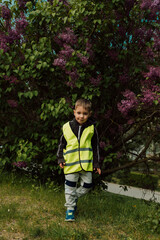 A little boy in a bright vest stands near a lilac