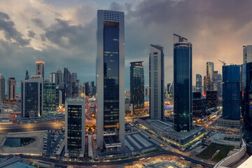beautiful sunset view of west bay doha skyline. financial hub of Qatar
