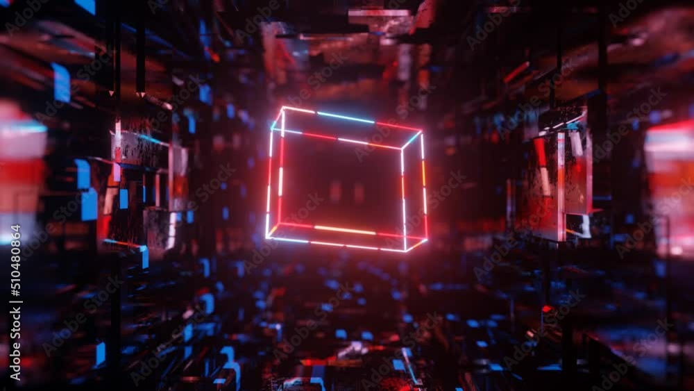 Poster 3d object or structure rotates and moves inside glass mirror tunnel with neon light, bright reflecti