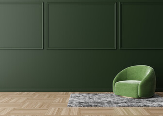 Room with parquet floor, green wall and empty space. Armchair, grey carpet. Mock up interior. Free, copy space for your furniture, picture, decoration and other objects. 3D rendering.