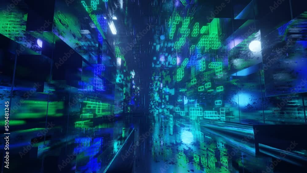 Aufkleber sci-fi constructions, mysterious 3d objects in fog. fly through technology cyberspace with neon glow