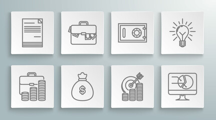 Set line Briefcase and coin, money, Money bag, Target with symbol, Computer monitor graph chart, Safe, Light bulb rays shine concept of idea and Document icon. Vector