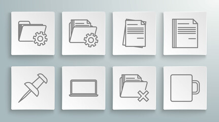 Set line Push pin, Folder settings with gears, Laptop, Delete folder, Coffee cup, File document, and icon. Vector